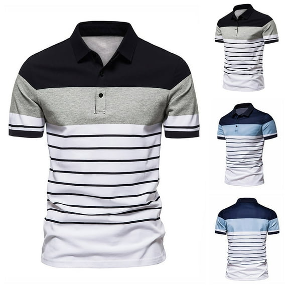 BinBiL Men's Casual Basic Tshirts Button Turn-Down Collar Tee Shirts Stripe Sports Summer Short Sleeve Tops Navy 8(XL)