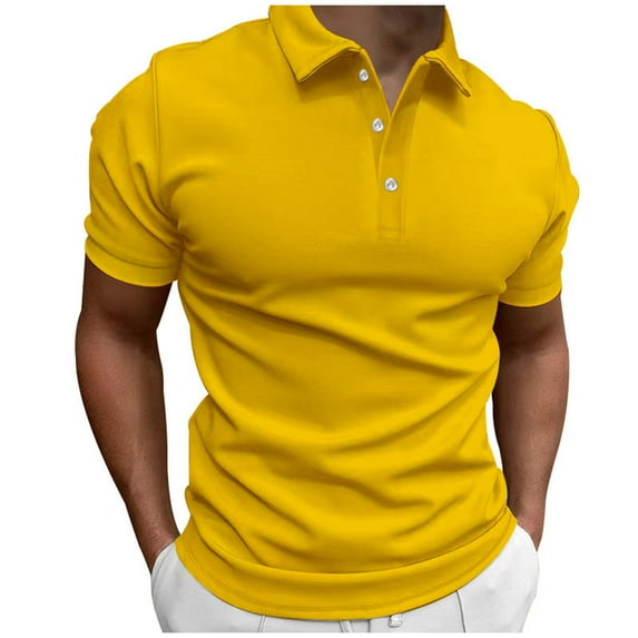 BinBiL Men's Casual Color Blocking Sports Stand Up Collar Short Sleeved T Shirt Button Up Lapel Running Golf Tee Shirts Yellow 12(XXL)