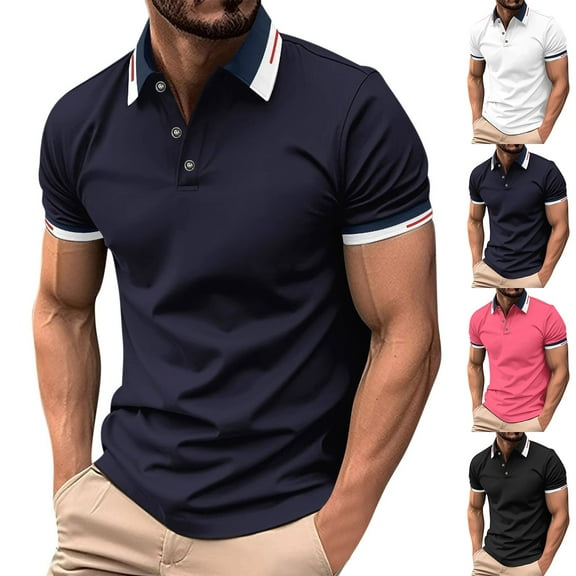 BinBiL Men's Casual Golf Shirts Short Sleeve Button Down Striped Collared Shirts Summer Work T-Shirt White XL(XL)