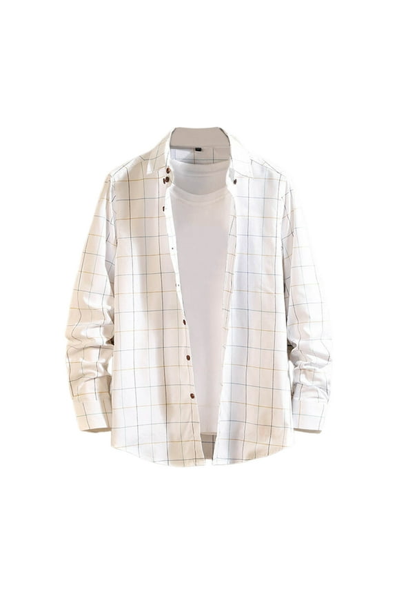 Men's Casual Plaid Long Sleeve Shirt Korean Styles Harajuku Versatile Chest Single Pocket Button Up Tops Shirts White L(L)