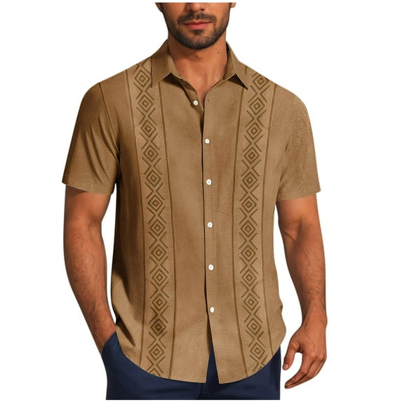 BinBiL Men's Casual Short Sleeve Shirts Vintage Bowling Shirt Cuba Beach Summer Tops Button Up Hawaiian Shirt for Men Brown L(L)