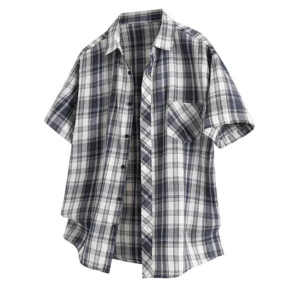 BinBiL Men's Color Block Plaid Button Down Short Sleeve Shirts Pocket Front Collared Shirt Top Black XL(XL)