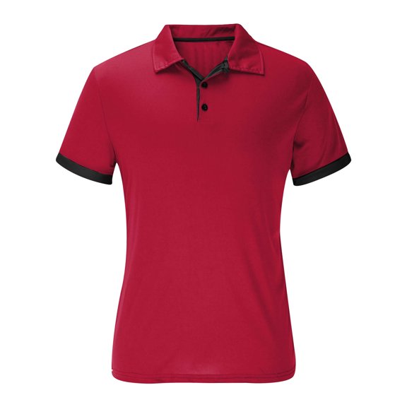 BinBiL Men's Contrast Color Stitching Casual Button Short-Sleeved Sports Golf Shirt Wine L(L)