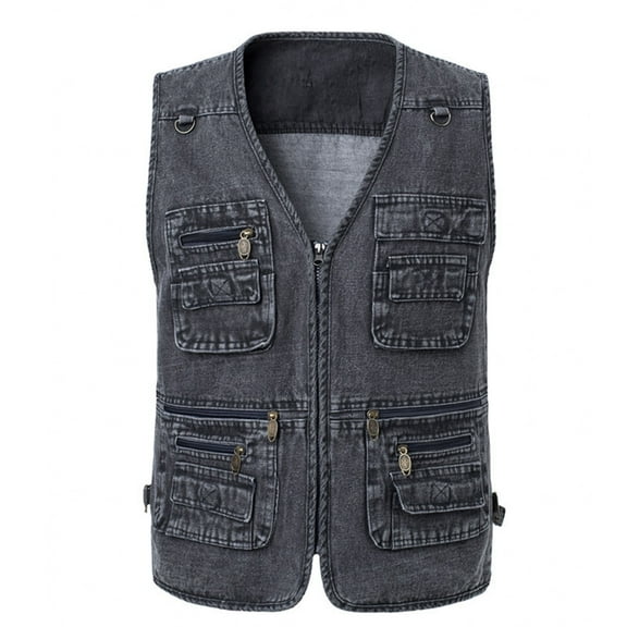 BinBiL Men's Denim Vest Outdoor Casual Multi Pocket Sleeveless Jacket Jean Work Travel Utility Vest Gray 10(XXL)