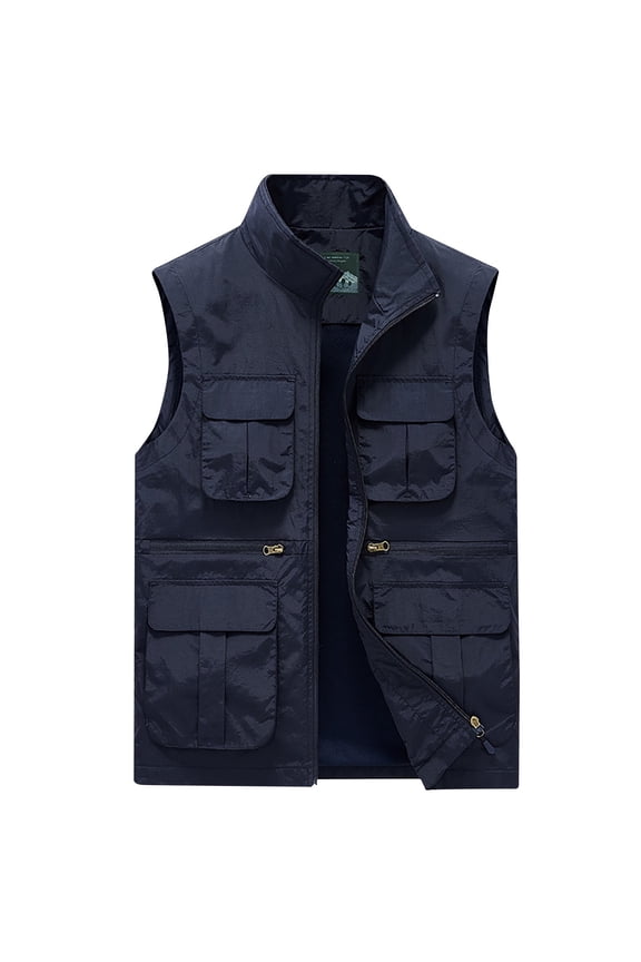 Men's Fishing Vest Utility Safari Travel Vest with Pockets Outdoor Work Photo Cargo Fly Summer Vest Dark Blue 6(L)