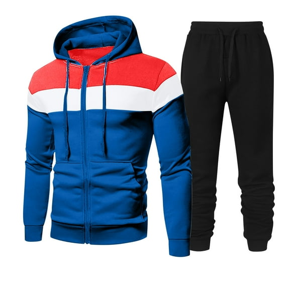 BinBiL Men's Hooded 2 Pieces Athletic Tracksuits Full Zip Long Sleeve Drawstring Jogging Sweatsuit Casual Running Sportsuits Blue 8(L)