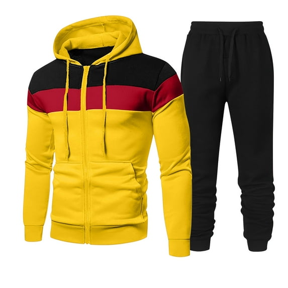 BinBiL Men's Hooded 2 Pieces Athletic Tracksuits Full Zip Long Sleeve Drawstring Jogging Sweatsuit Casual Running Sportsuits Yellow 12(XXL)