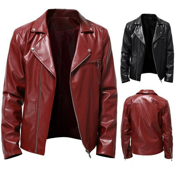 BinBiL Men's Leather Jacket Lapel Zipper Motorcycle Leather Jacket Rock Punk Outwear Coat Tops Red 10(XL)
