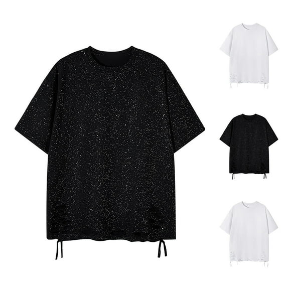 BinBiL Sparkly Sequin Shirts for Men Summer Crew Neck T Shirt Trendy Loose Casual Basic Tees Streetwear Baggy Tops