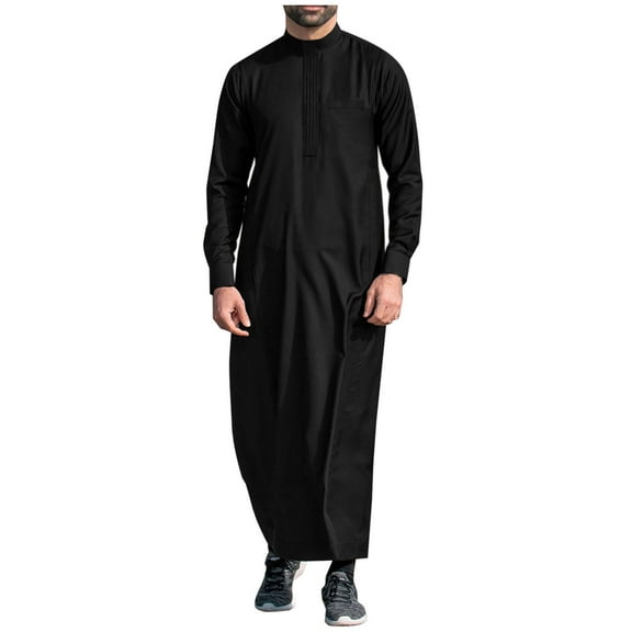 BinBiL Men's Muslim Robe Arab Middle Robe Long Style Long Sleeve Embroidered Standing Neck Long Shirt Fashion Casual Robe Black XL(XL)