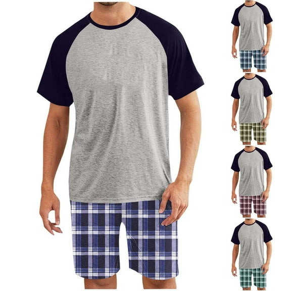 BinBiL Men's Pajama Sets Soft 2 Piece Pj's Set Short Sleeve Cotton Top and Plaid Pants for Loungewear Sleepwear Yellow XL(XL)