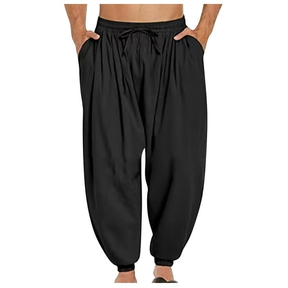 BinBiL Men's Pants Casual Harem Pants Elastic Waist Beach Boho Yoga Trousers Black 12(XXXL)