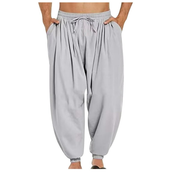 BinBiL Men's Pants Casual Harem Pants Elastic Waist Beach Boho Yoga Trousers Gray 4(M)