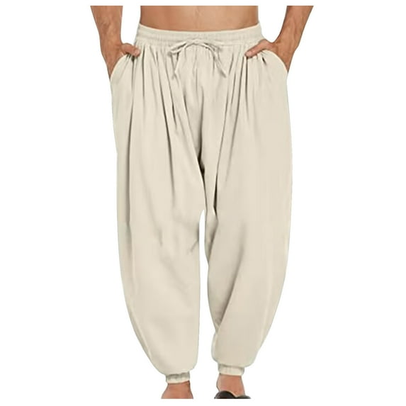 BinBiL Men's Pants Casual Harem Pants Elastic Waist Beach Boho Yoga Trousers Khaki 6(L)