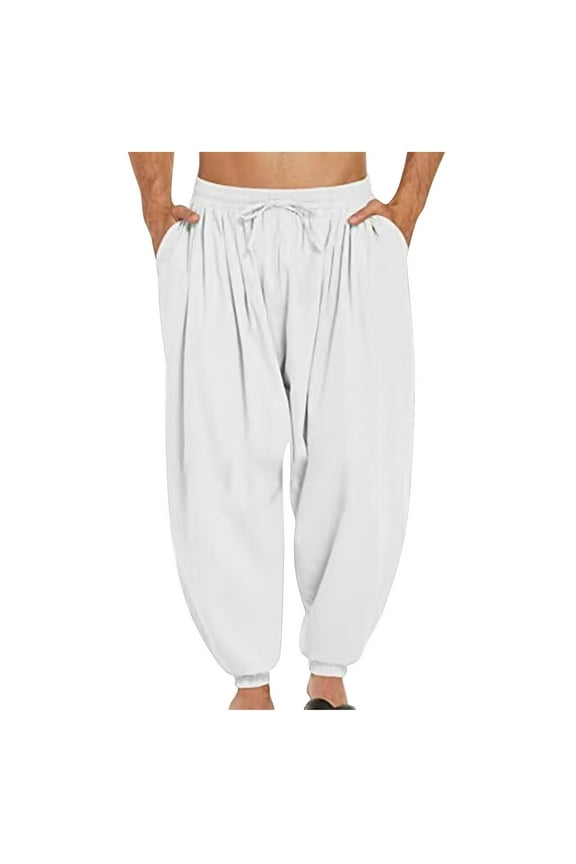 Men's Pants Casual Harem Pants Elastic Waist Beach Boho Yoga Trousers White 12(XXXL)