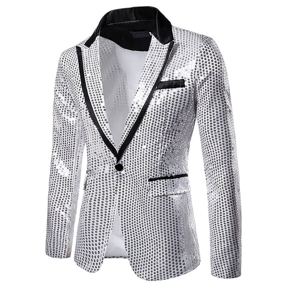 BinBiL Men's Sequins Suit Jacket One Button Party Dinner Blazer Coats Shiny Sequin Tuxedo Sport Coat Silver 12(XXL)