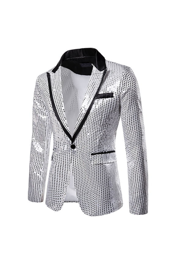 Men's Sequins Suit Jacket One Button Party Dinner Blazer Coats Shiny Sequin Tuxedo Sport Coat Silver 12(XXL)