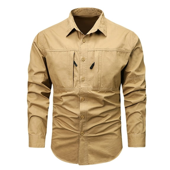 BinBiL Men's Shirt Button Up Shirt Cargo Shirt Long Sleeve Button Down Men Shirt Khaki 2(M)