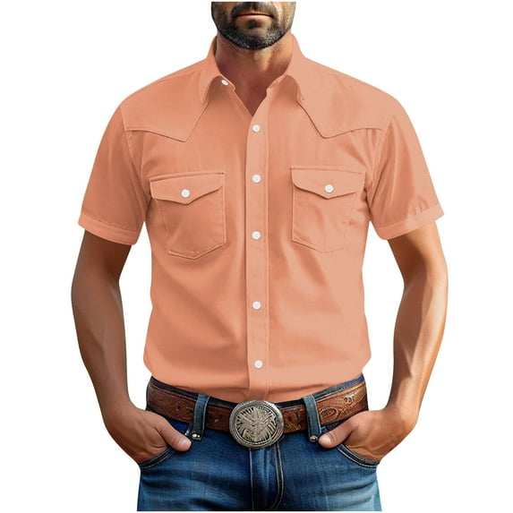 BinBiL Men's Short Sleeve Button Down Casual Woven Shirt Two Chest Pockets Gold XXXXL(XXXXL)