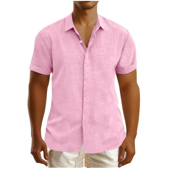 BinBiL Men's Short Sleeve Button Down Shirt Casual Summer Beach Shirts Vacation Wedding Shirt with Pocket Pink 14(XXXL)