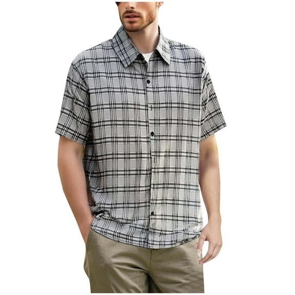 BinBiL Men's Short Sleeve Button Up Shirts Collared Cotton Checkered Cuban Dress Shirt Casual Vintage Summer Plaid T-Shirt Dark Gray XL(XL)