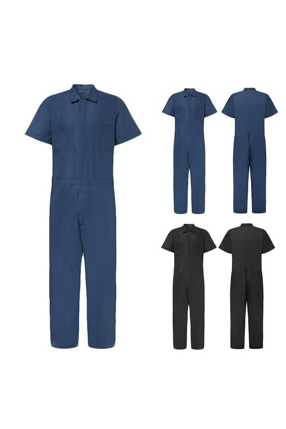 Men's Short Sleeve Coverall Big and Tall Lapel Collar Zip Up Romper Overalls Lightweight Long Cargo Jumpsuit Workwear Blue 10(XL)