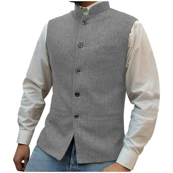 BinBiL Men's Solid Color Casual Stand Collar Single Breasted Pocket Stitching Vintage Slim Vest Silver XS(XS)