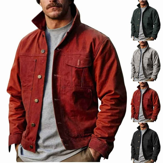 BinBiL Men's Solid Color Lapel Denim Work Button Coat Long-Sleeved Hoodless Casual Jacket with Pocket, Wine 10(XL)