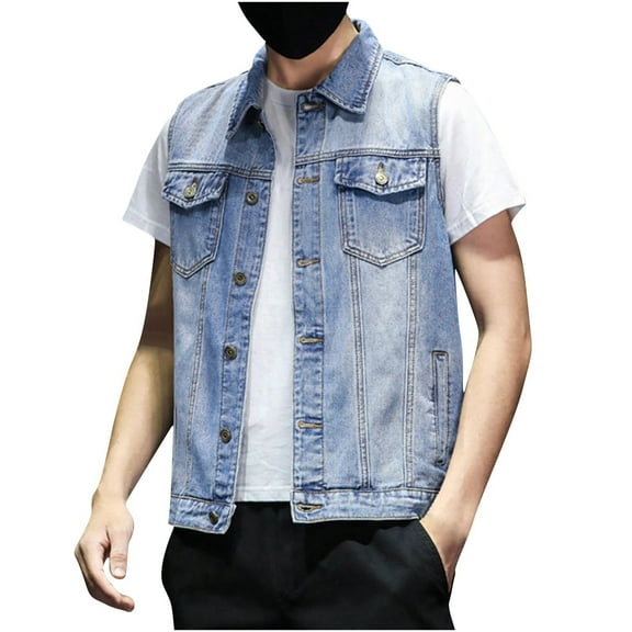 BinBiL Men's Spring Stylish Denim Vest Casual Turn-Down Collar Sleeveless Jackets Vintage Motorcycle Waistcoat Blue XL(XL)