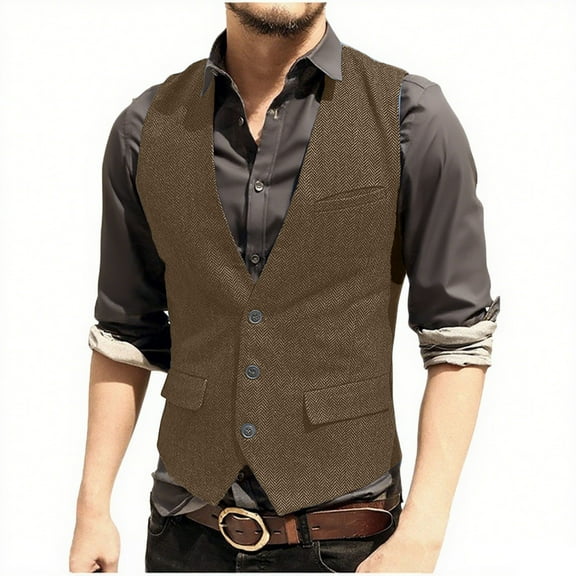 BinBiL Men's Suit Vest Slim Fit formal Dress Waistcoat Casual Business Vests for Suit or Tuxedo Brown S(S)