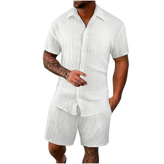 BinBiL Men's Summer Beach Outfits 2 Piece Short Sleeve Shirts and Shorts Vacation Texture Linen Sets for Men White 4(S)