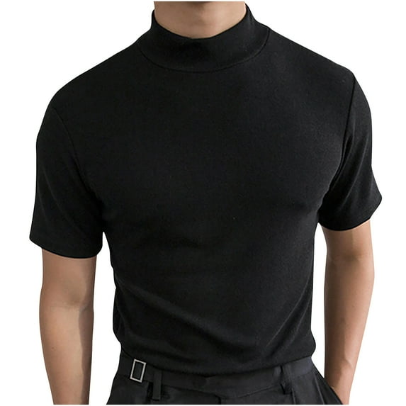 BinBiL Men's Summer Fashion Tight Tops Casual Solid Color T Shirts Short Sleeve High Round Collar Blouse Mock Neck Tees Black 12(XXL)