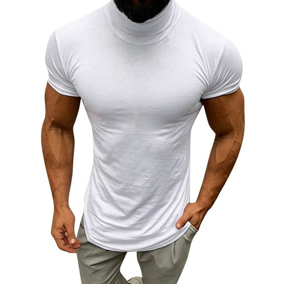 BinBiL Men's Summer Mock Turtleneck T Shirt Solid Color High Collar Short Sleeve Tops Basic Slim Fit Undershirt Pullover Tees White 4(M)