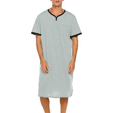 BinBiL Men's V-Neck Linen Robe Long Sleeve Kaftan Thobe Long Gown Loungewear Casual Crewneck Muslim Shirt for Daily Wear