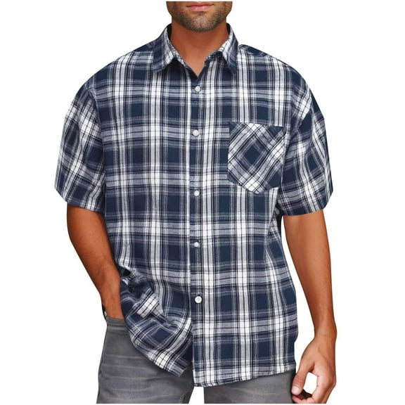 BinBiL Men's Western Plaid Pearl Snap Buttons Two Pocket Casual Short Sleeve Shirts Navy XL(XL)