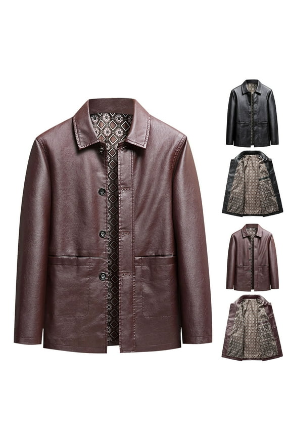 Mens Classic Winter Leather Car Coat Button Up Real Lambskin Long Jacket Brown XL(XL)