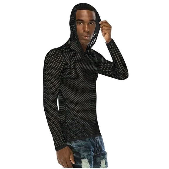 BinBiL Mens Fishnet Tank Top Mesh Hoodie See Through Long Sleeve Undershirts Muscle Fit Workout Shirts Black S(S)