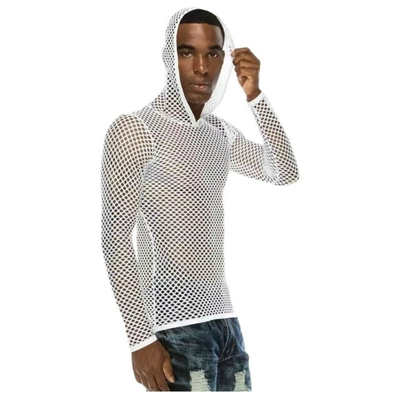 BinBiL Mens Fishnet Tank Top Mesh Hoodie See Through Long Sleeve Undershirts Muscle Fit Workout Shirts White L(L)