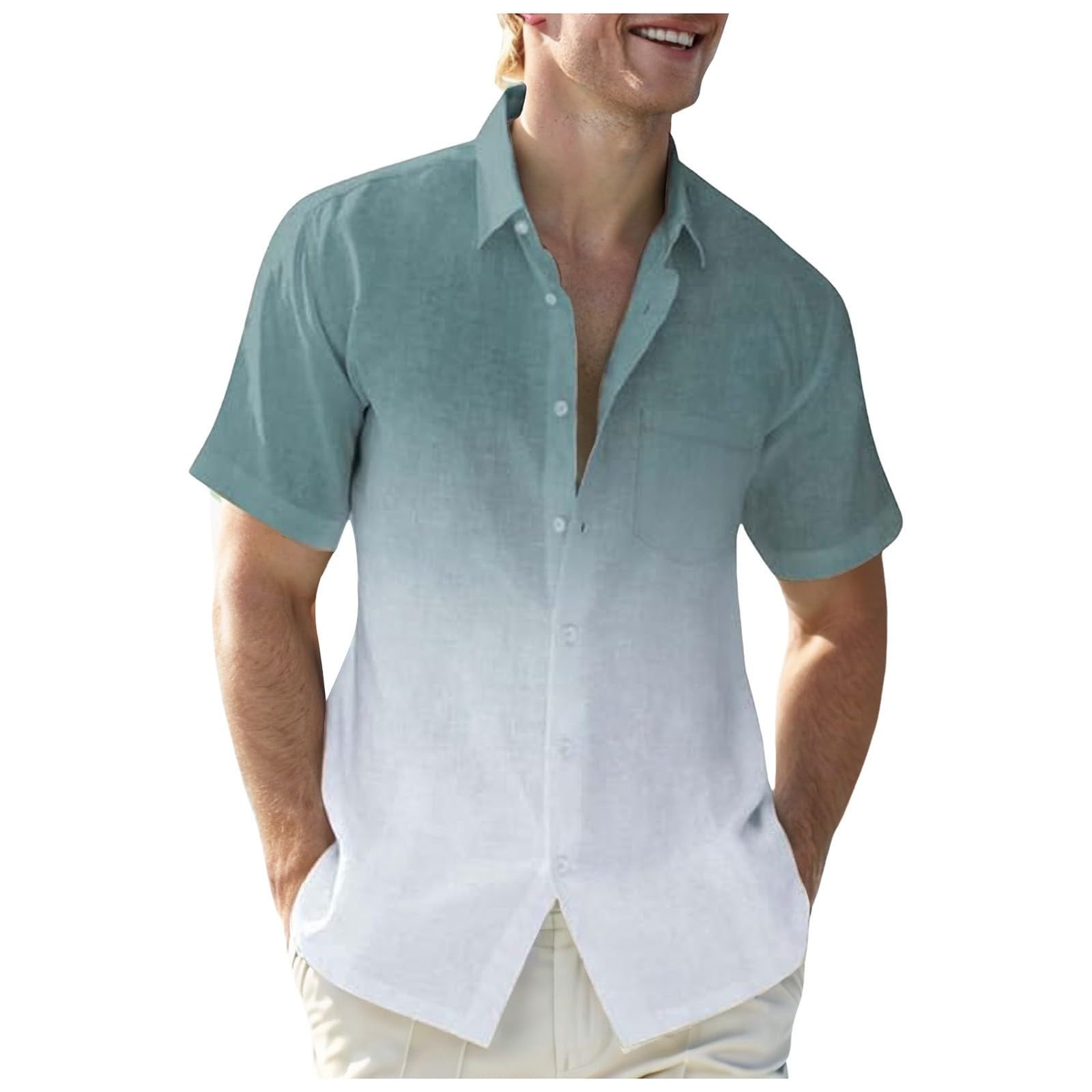 BinBiL Mens Gradient Linen Shirts Casual Button Down Short Sleeve Beach ...