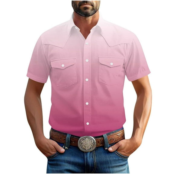 BinBiL Mens Gradient Linen Shirts Casual Button Down Short Sleeve Beach Summer Shirts Pink L(L)