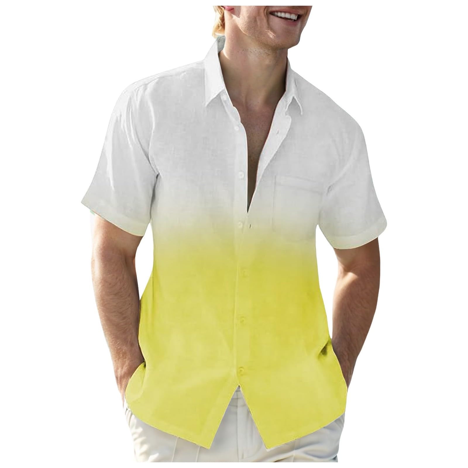 BinBiL Mens Gradient Linen Shirts Casual Button Down Short Sleeve Beach ...