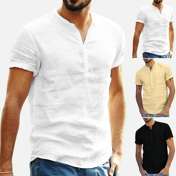 BinBiL Mens Henley T-Shirt Linen Cotton Shirts Button Up Beach Tops Casual Short Sleeve Lightweight Plain Tees White XL
