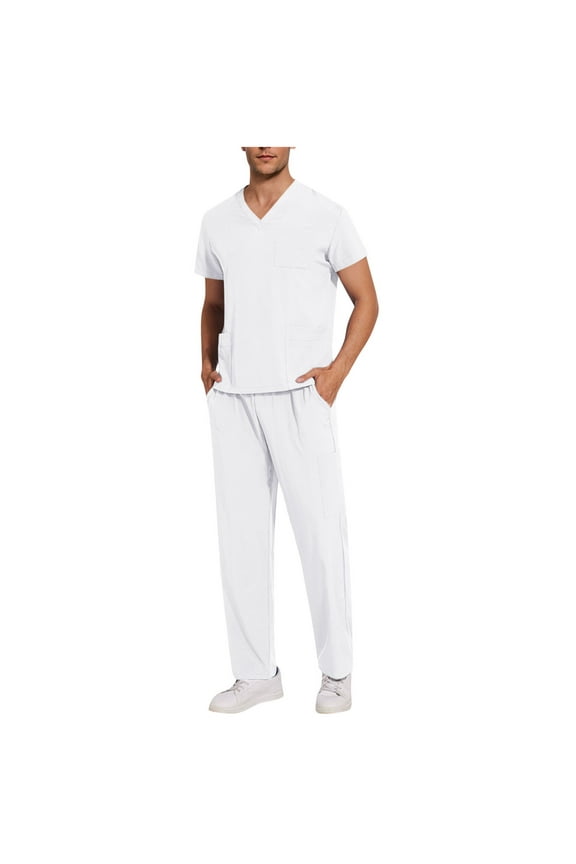 Mens Scrubs Set Stretch V-Neck Scrub Top Jogger Scrubs Pants Workwear Medical Nursing Flex Men Outfits 2 Piece White L(L)