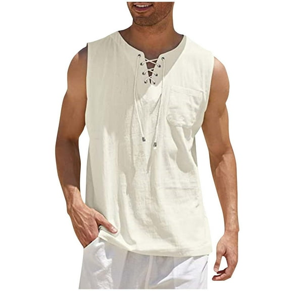 BinBiL Mens Sleeveless Tank Tops Casual V Neck Drawstring T-Shirts Summer Cotton Linen Solid Color Athletic Vest with Pocket Beige L(L)