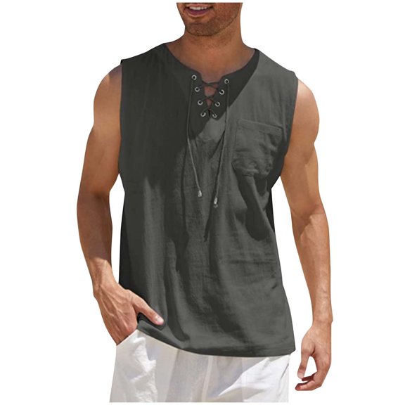 BinBiL Mens Sleeveless Tank Tops Casual V Neck Drawstring T-Shirts Summer Cotton Linen Solid Color Athletic Vest with Pocket Dark Gray L(L)