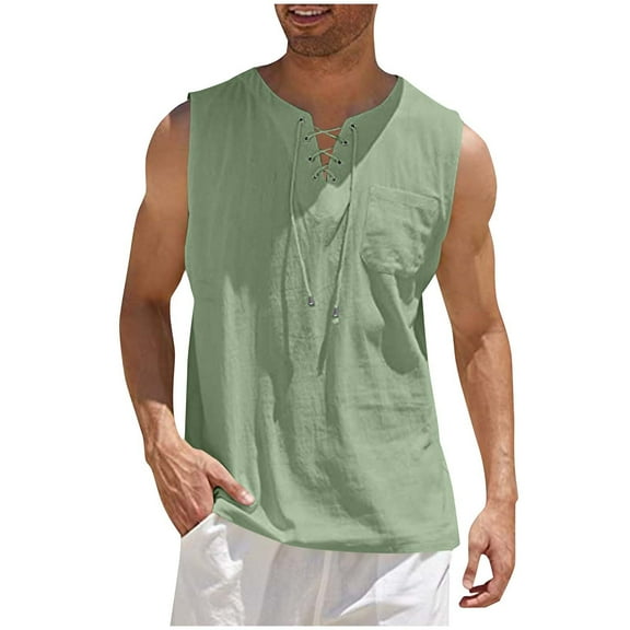 BinBiL Mens Sleeveless Tank Tops Casual V Neck Drawstring T-Shirts Summer Cotton Linen Solid Color Athletic Vest with Pocket Mint Green M(M)