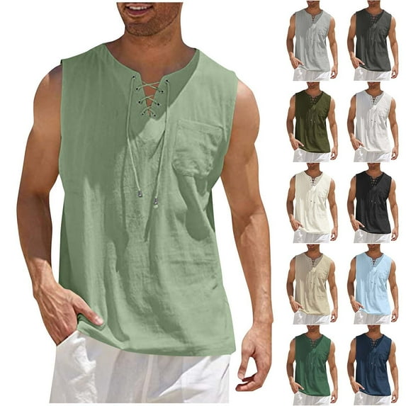 BinBiL Mens Sleeveless Tank Tops Casual V Neck Drawstring T-Shirts Summer Cotton Linen Solid Color Athletic Vest with Pocket White XL(XL)