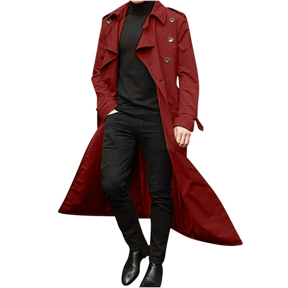 BinBiL Mens Trench Coat Slim Fit Double Breasted Long Jacket Notched Lapel Belt Fall Windproof Coat Red M(M)