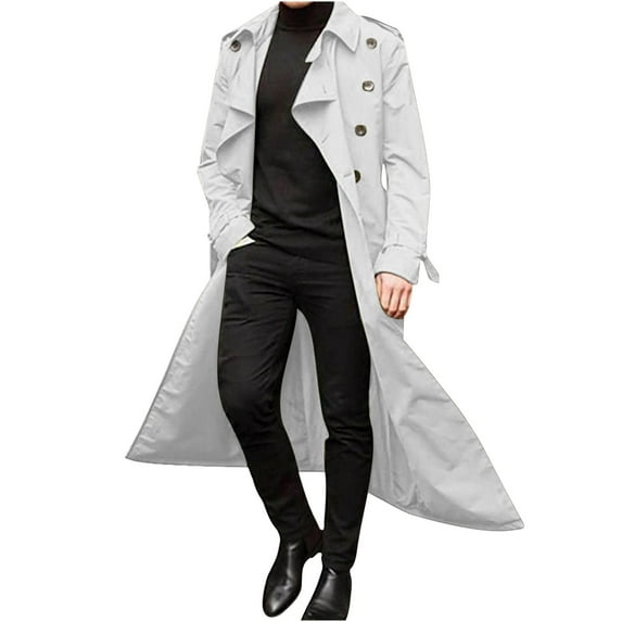 BinBiL Mens Trench Coat Slim Fit Double Breasted Long Jacket Notched Lapel Belt Fall Windproof Coat White XL(XL)