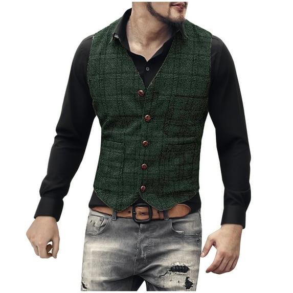 BinBiL Mens Vintage Tweed Suit Vest Plaid Slim Fit Waistcoat for Wedding Groomsmen Green L(L)